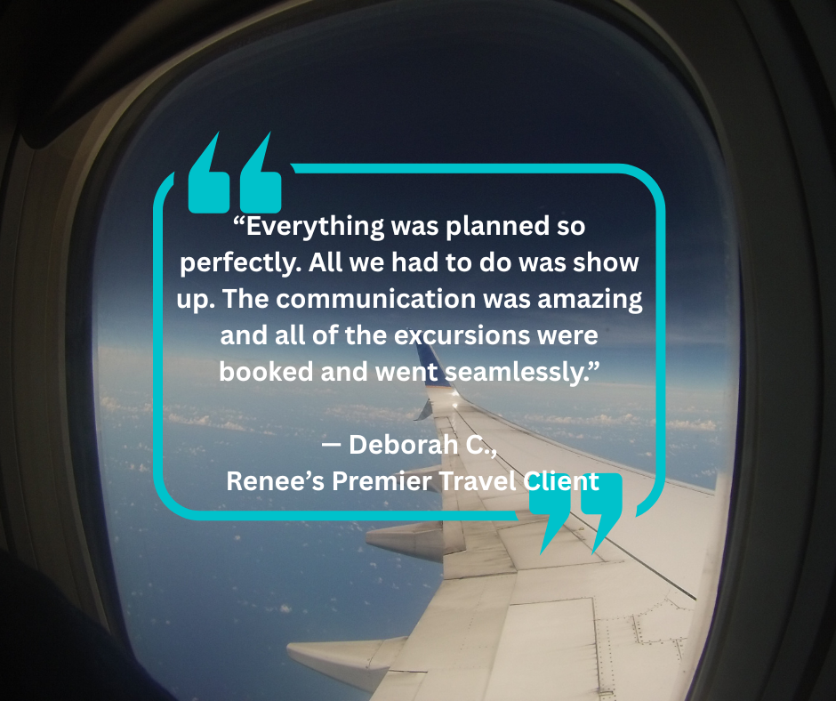 Airplane wing view with turquoise testimonial quote in a dark circular frame