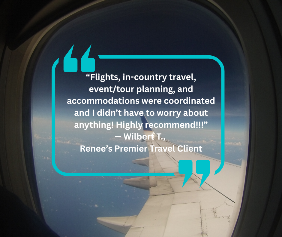 Airplane window view with a teal quote bubble thanking 30 women for their patience on a group trip.