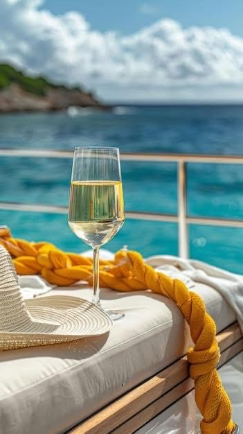 Champagne flute on a seaside lounge chair with a straw hat and yellow towel, overlooking turquoise water
