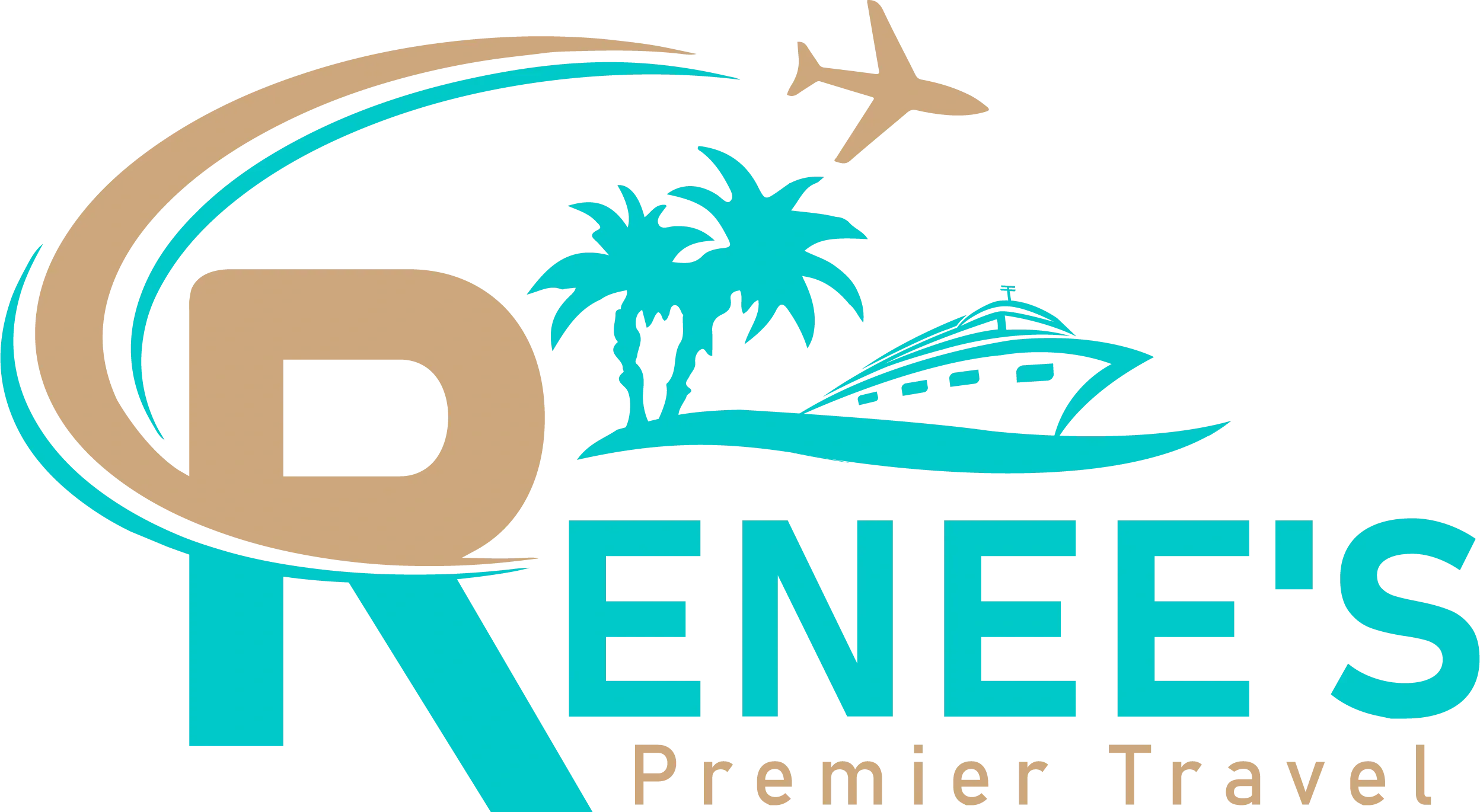 Renee's Premier Travel logo with teal and tan palm trees, cruise ship, and airplane icon