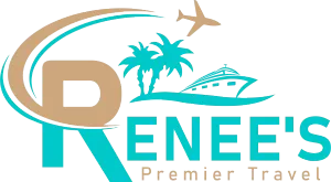 Renee's Premier Travel logo with teal and tan palm trees, cruise ship, and airplane icon