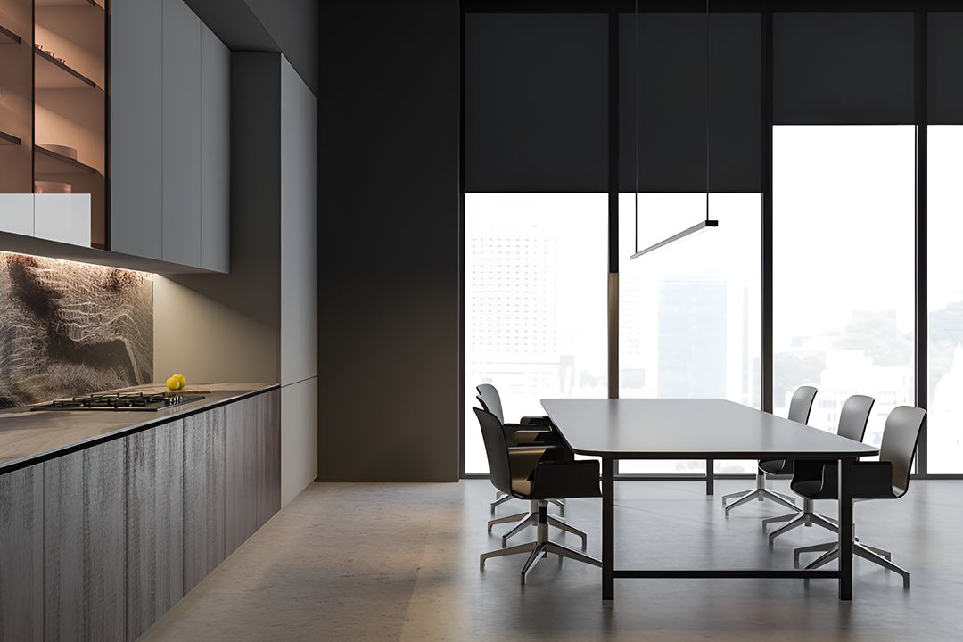 A Kitchen With A Long Table And Chairs And A Large Window — Ron Ayton Curtains, Blinds & Shutters In Shelly Beach, NSW