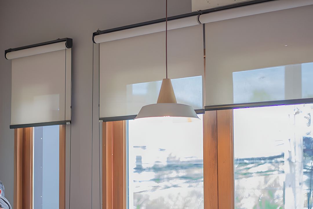 A Room With A Lot Of Windows And Blinds And A Lamp — Ron Ayton Curtains, Blinds & Shutters In Shelly Beach, NSW