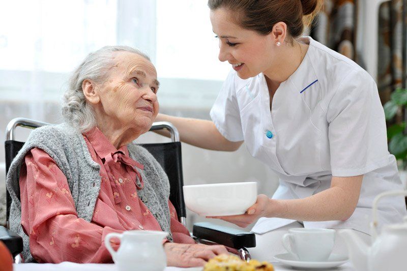 Nurse offers food to an elderly person in a wheelchair; indoor setting, smiling.