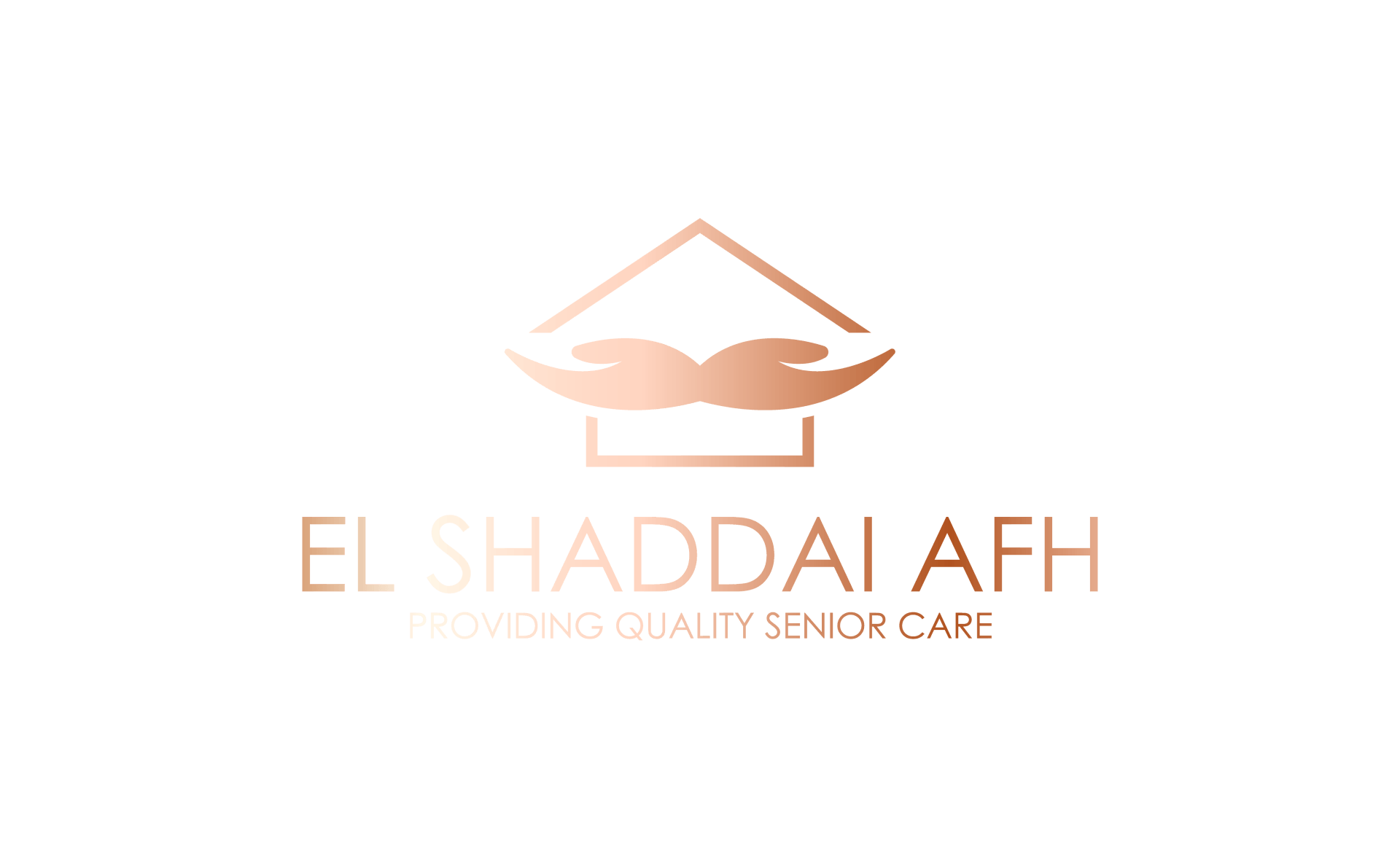 Logo for El Shaddai AFH, providing senior care. Features a copper house with outstretched hands. Text in copper.