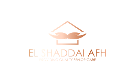 Logo for El Shaddai AFH, providing senior care. Features a copper house with outstretched hands. Text in copper.