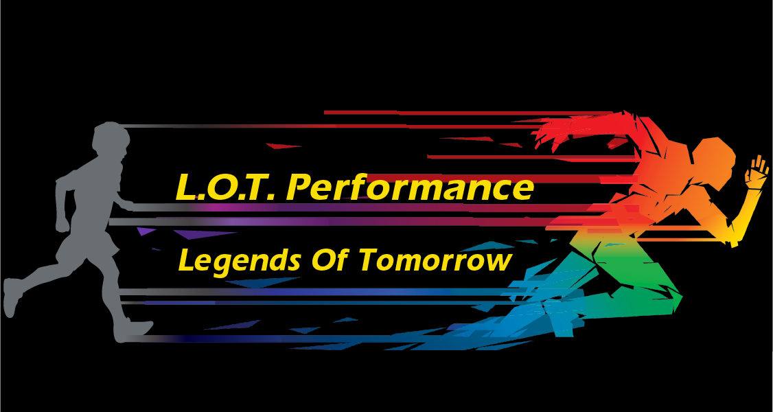L.O.T. Performance logo with a runner silhouette and multicolor paint-stroke streaks on black background