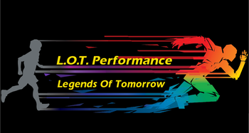 L.O.T. Performance logo with a runner silhouette and multicolor paint-stroke streaks on black background