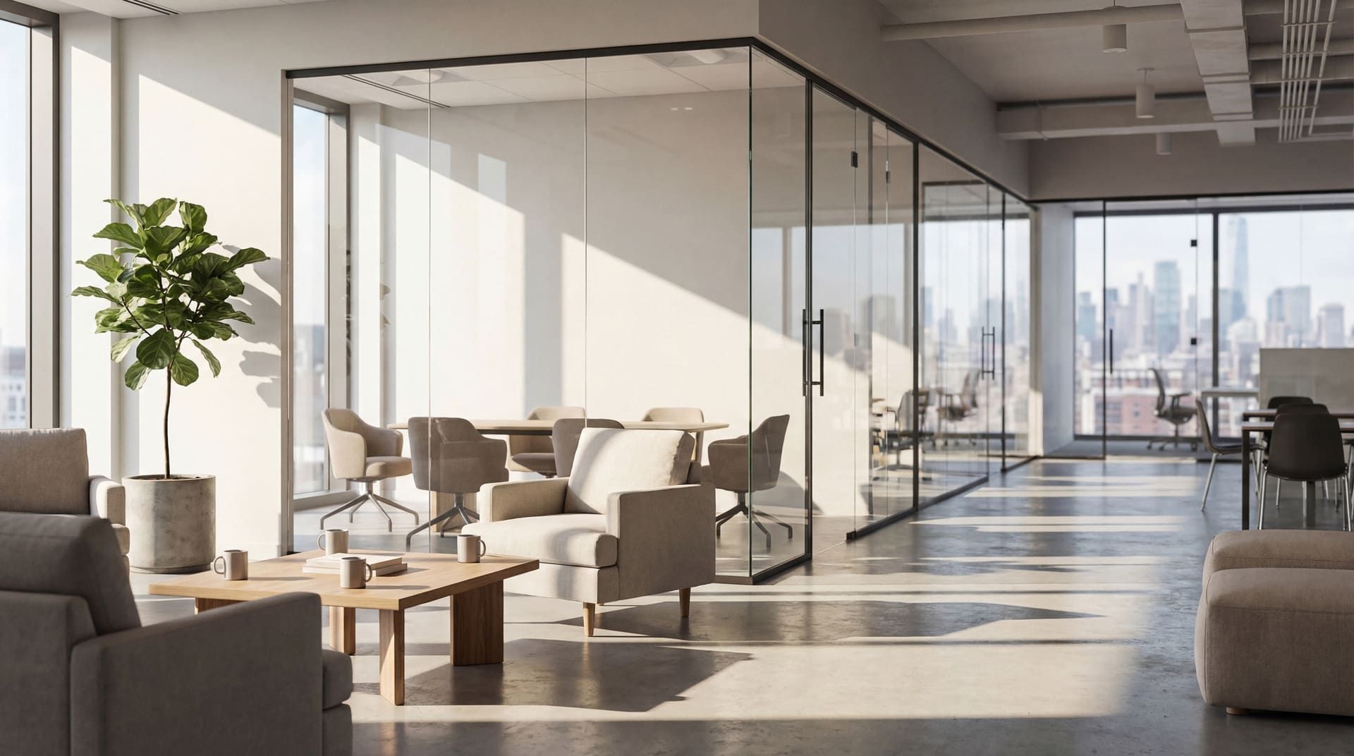 Bright and spacious modern open-plan office interior with glass meeting rooms and city views, bathed in natural light