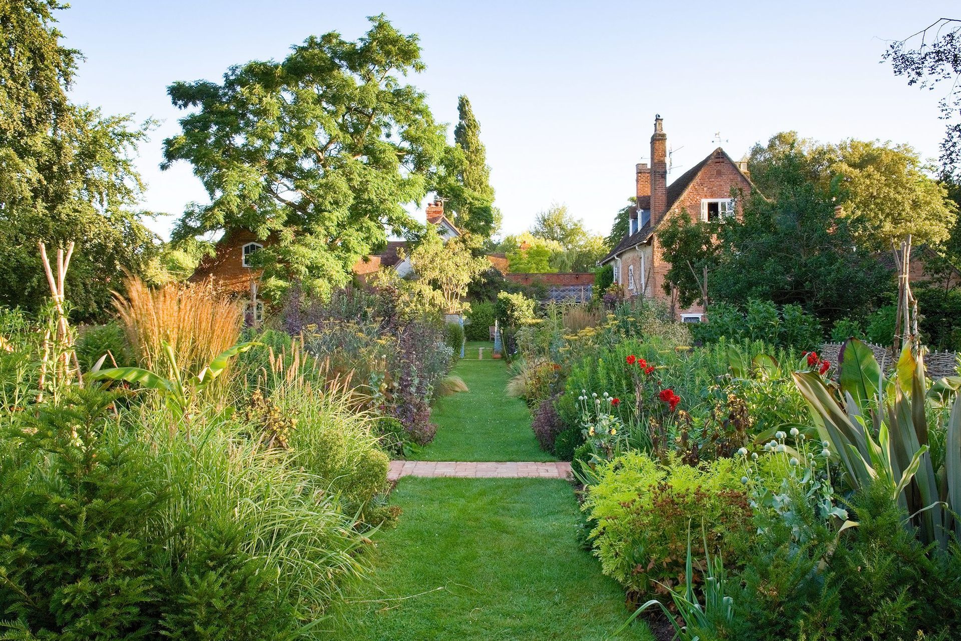 A lush green garden with a house in the background