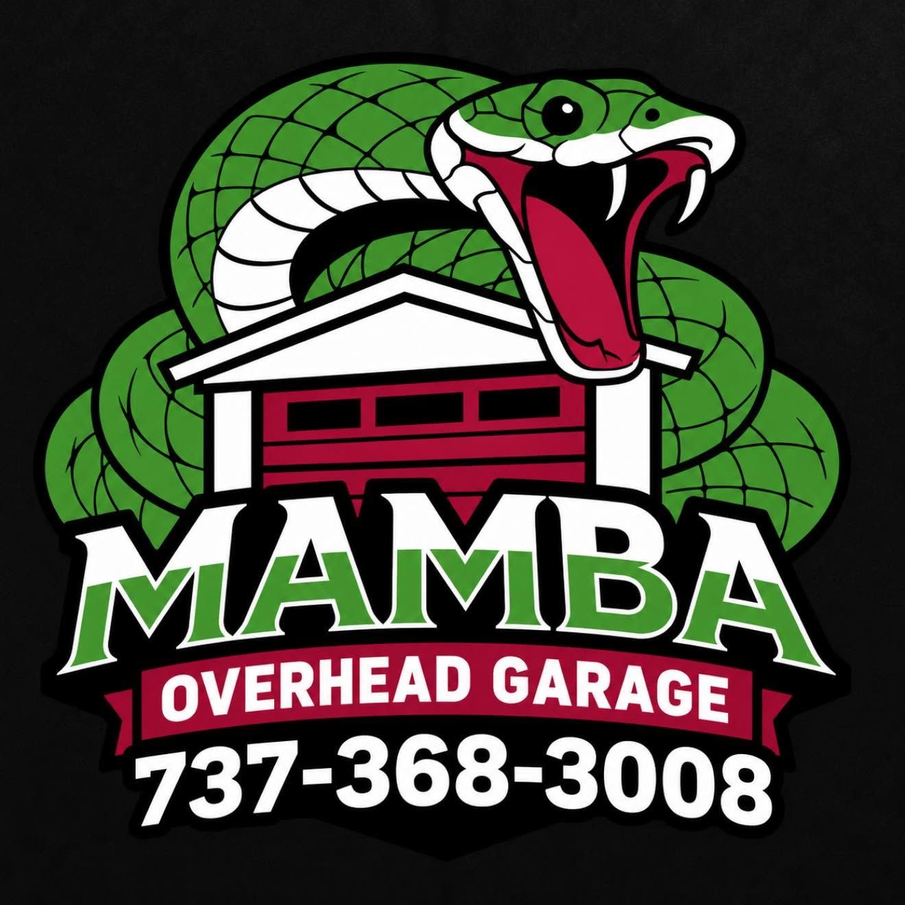 A logo for mamba overhead with a snake on top of a green house.