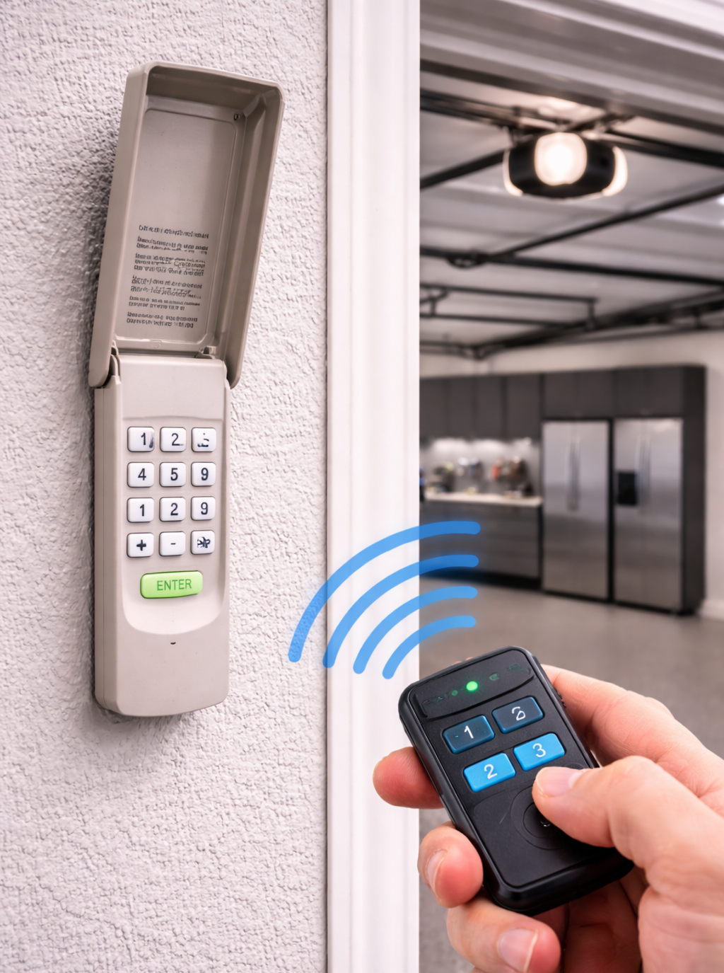 Wireless garage door keypad mounted beside a garage with a handheld remote controlling the opener system.