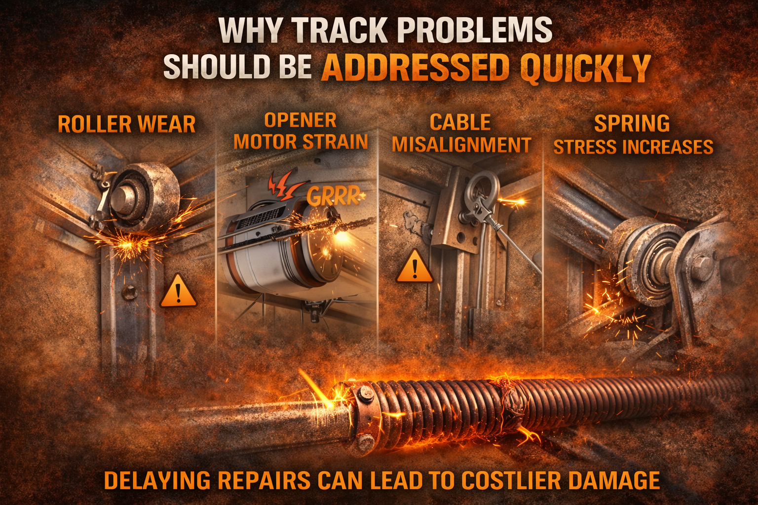 Illustration showing why garage door track problems should be repaired quickly to prevent roller wear, opener strain, cable misalignment, and spring stress.