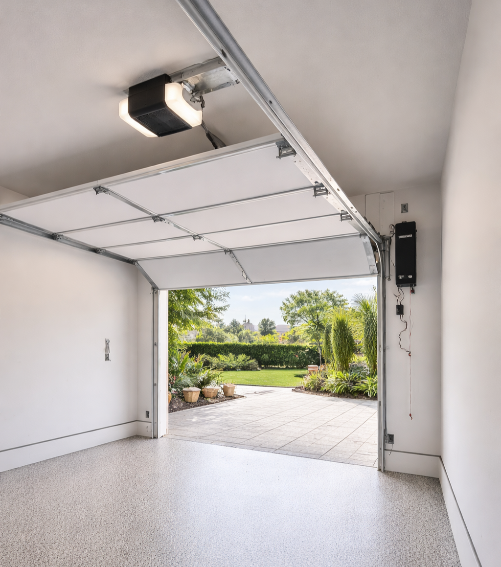Clean high-end residential garage interior with open sectional garage door, epoxy floor, and modern opener system installed above the door.