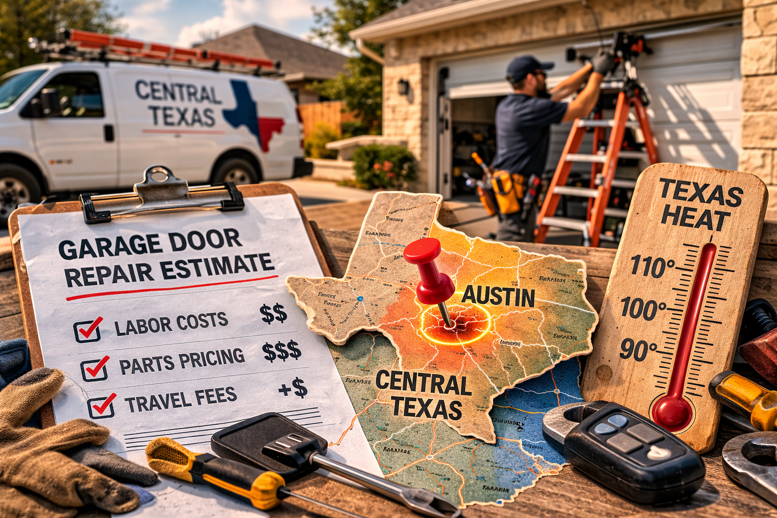 Garage door technician repairing residential garage door in Central Texas heat illustrating higher repair costs