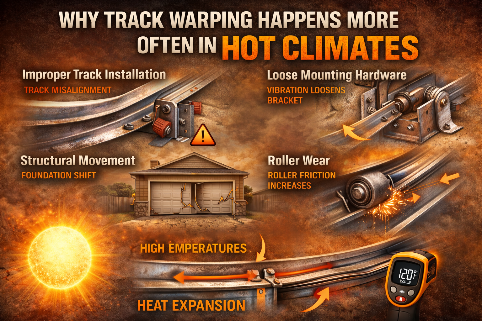 Infographic explaining why garage door tracks warp more often in hot climates due to heat expansion, loose hardware, and structural movement.