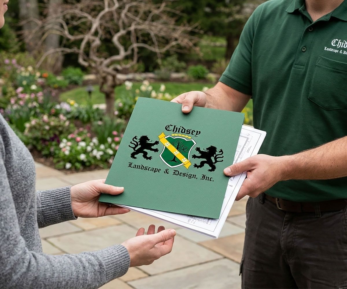 Chidsey Landscape & Design meeting with Medina County, OH customer to give them landscape design proposal for their new backyard paver patio.