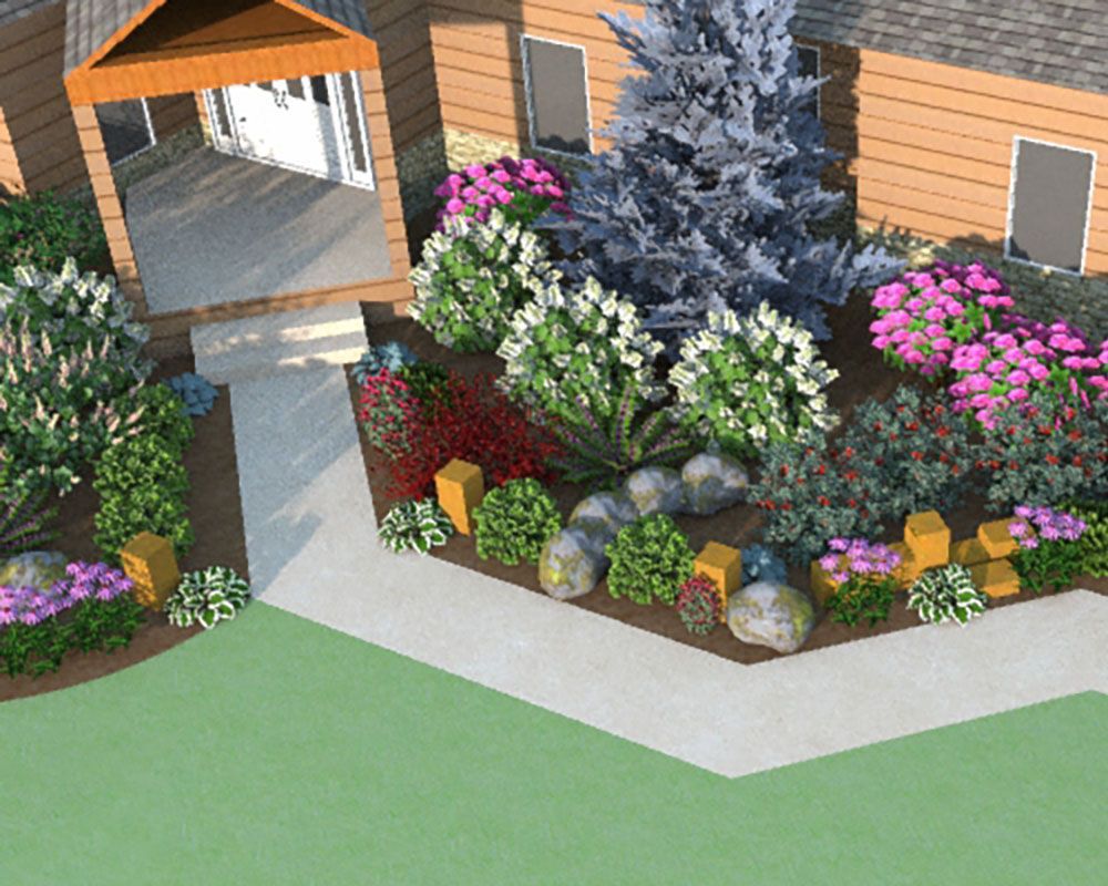 3D landscape design virtual rendering of Fairlawn, Ohio home showing ornamental grass, perennials, and natural stone columns.