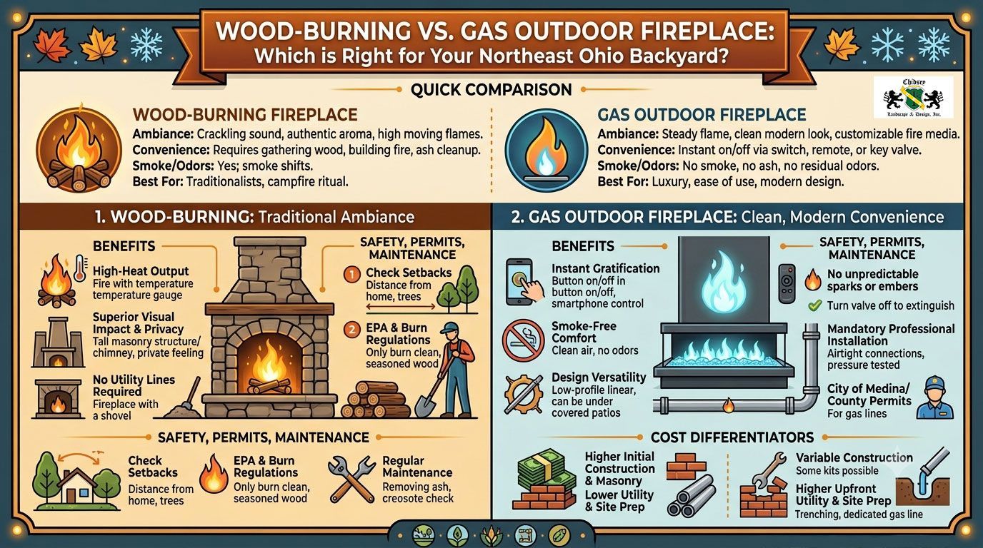 Infographic of wood-burning vs gas outdoor fireplace quick comparison for Northeast Ohio backyards