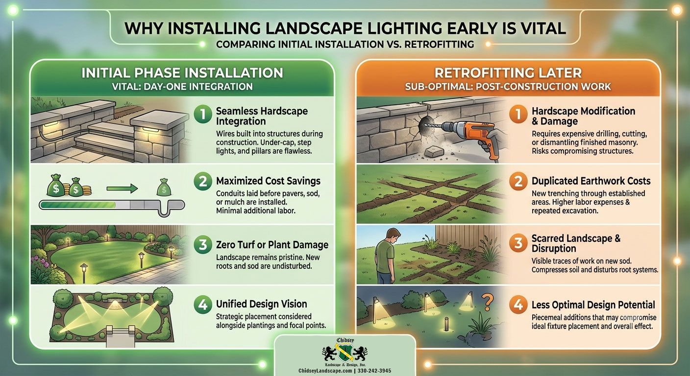 Infographic from Chidsey Landscape & Deisng showing the benefits of installing exterior landscape lighting in Lorain County, OH during the initial project phase as opposed to retrofitting later.