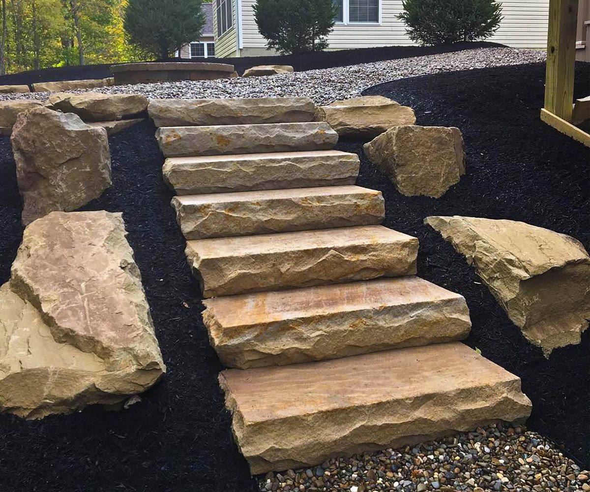 Ohio sandstone large natural landscape stone steps on Bath, Ohio hill backyard