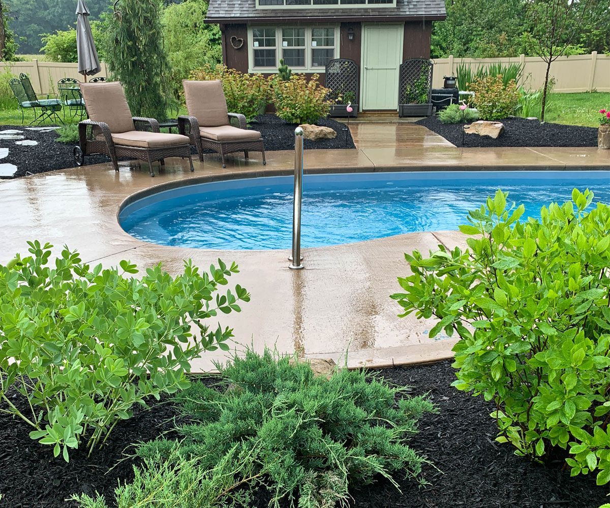 Natural evergreens and shrubs create a softscape privacy screen for a Sharon Center, OH pool.