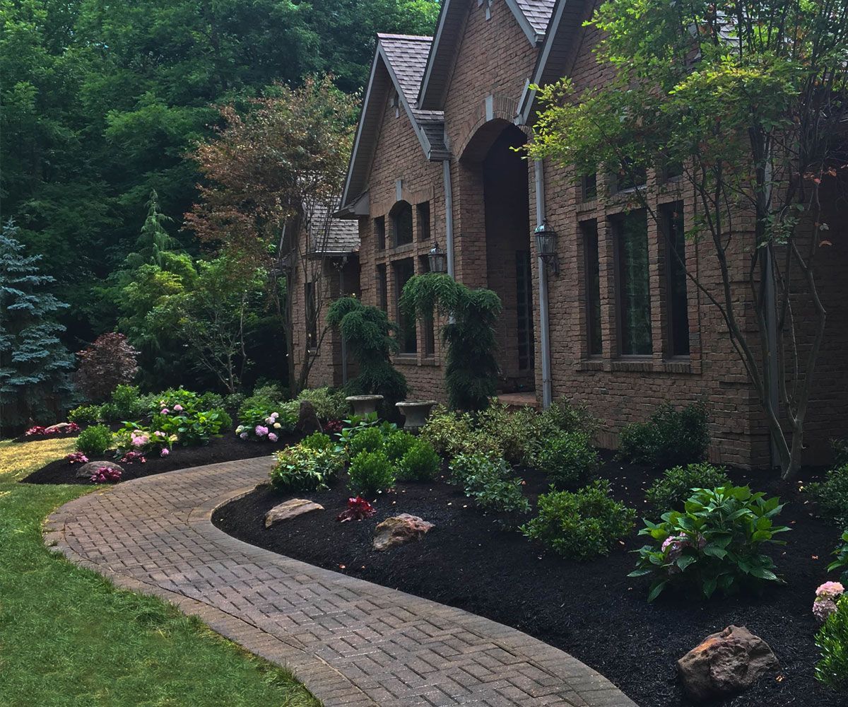 Professional front yard softscape design with colorful perennials and annual and manicured shrubs in Medina, OH