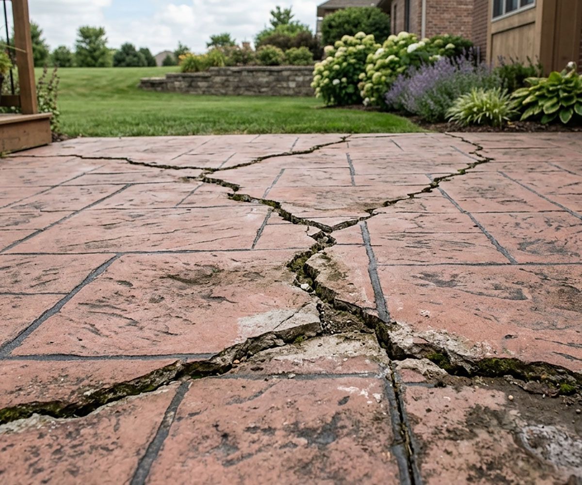 Cracked stamped concrete slab when compared to the durability of interlocking paving stone patios in Northeast Ohio