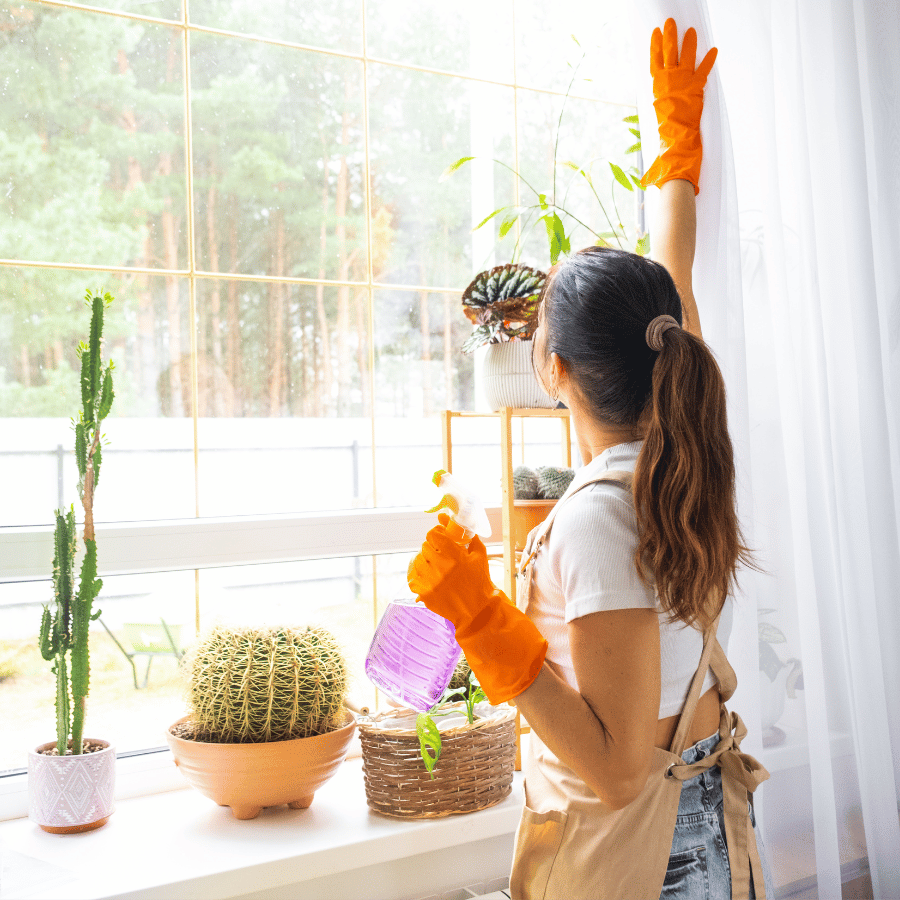 Person in orange gloves cleans a bright window beside potted plants and a butterfly.