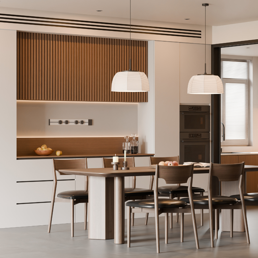 Modern kitchen with wood accents, pendant lights, and a dining table with chairs