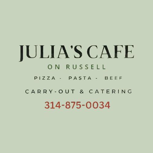 Julia’s Cafe on Russell logo with menu items and phone number 314-875-0034 on a pale green background