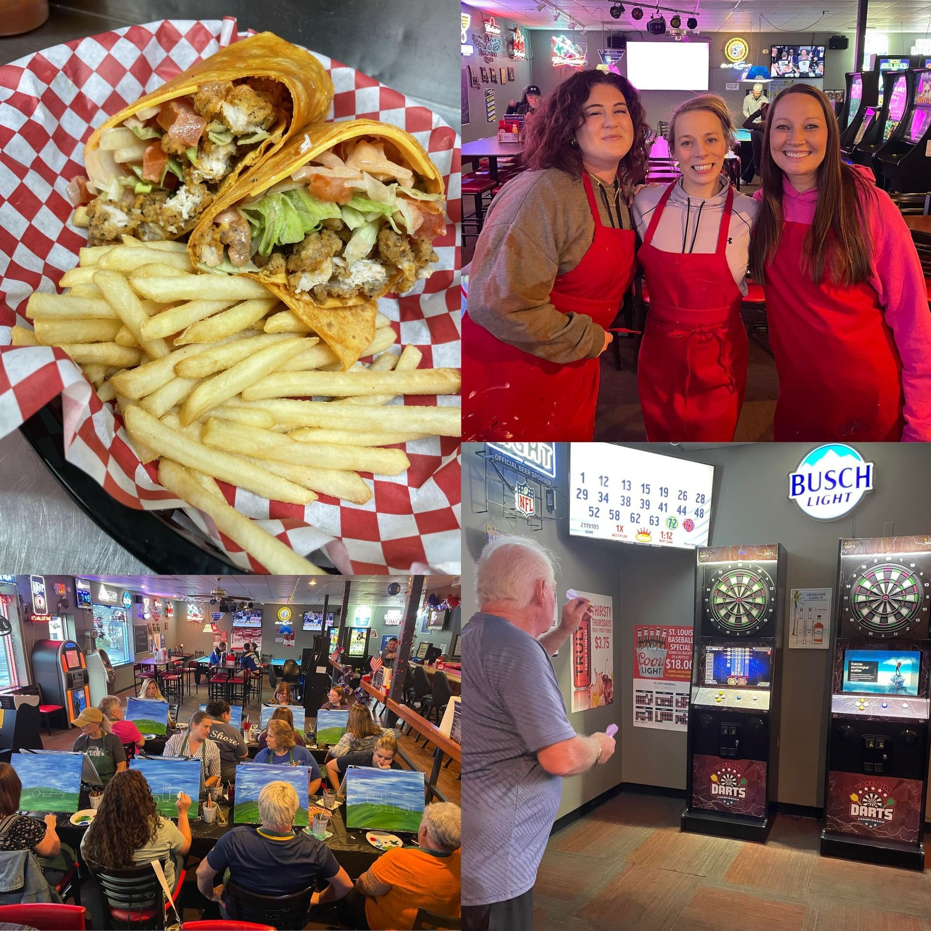 Collage of tacos and fries, three women in red aprons, a bar crowd, and a person at slot machines