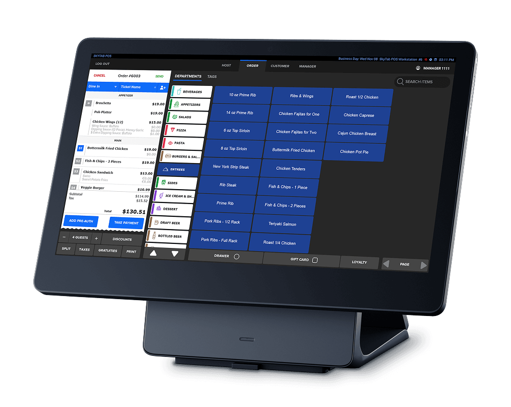POS touchscreen terminal displaying a blue and black restaurant ordering interface