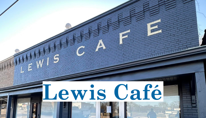 Lewis Café storefront with blue facade and large white lettering