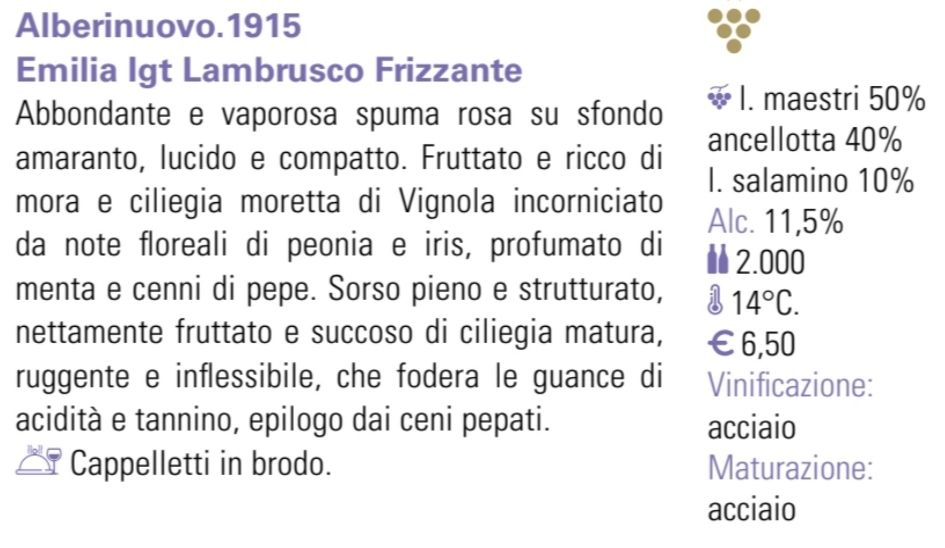 Etichetta del vino Alberiniovo 1915 Emilia IGT Lambrusco Frizzante, con note di degustazione e suggerimento di abbinamento.
