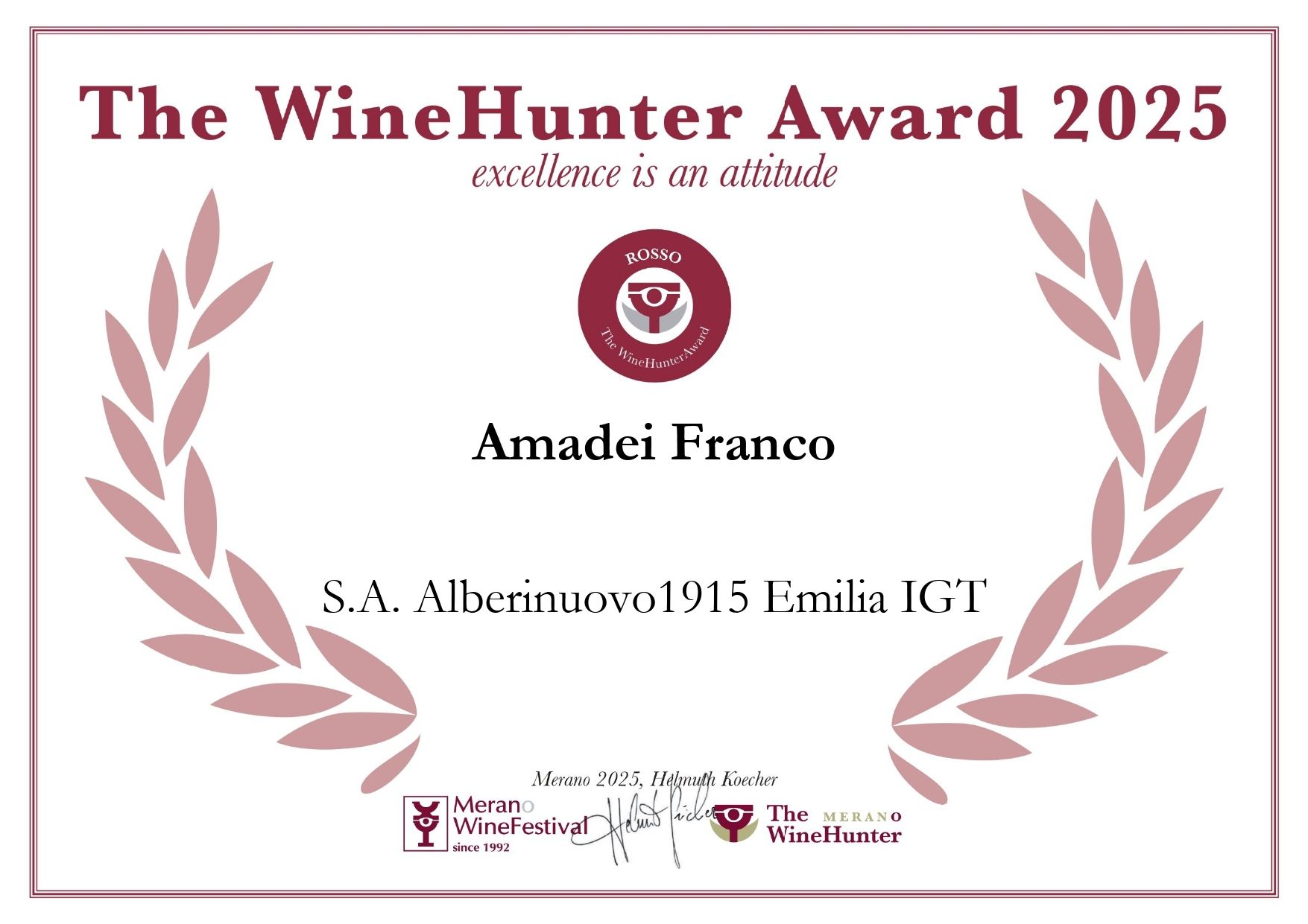 Certificato WineHunter Award 2025 per Amadei Franco, con corone d'alloro e la dicitura “SA Alberici 1915 Emilia IGT”