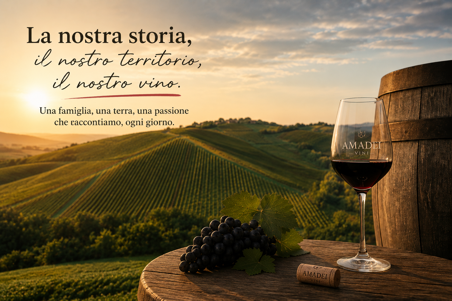 Pubblicità di un vino italiano al tramonto, con vigneto, bottiglia, calice, botte e uva accanto alla scritta 