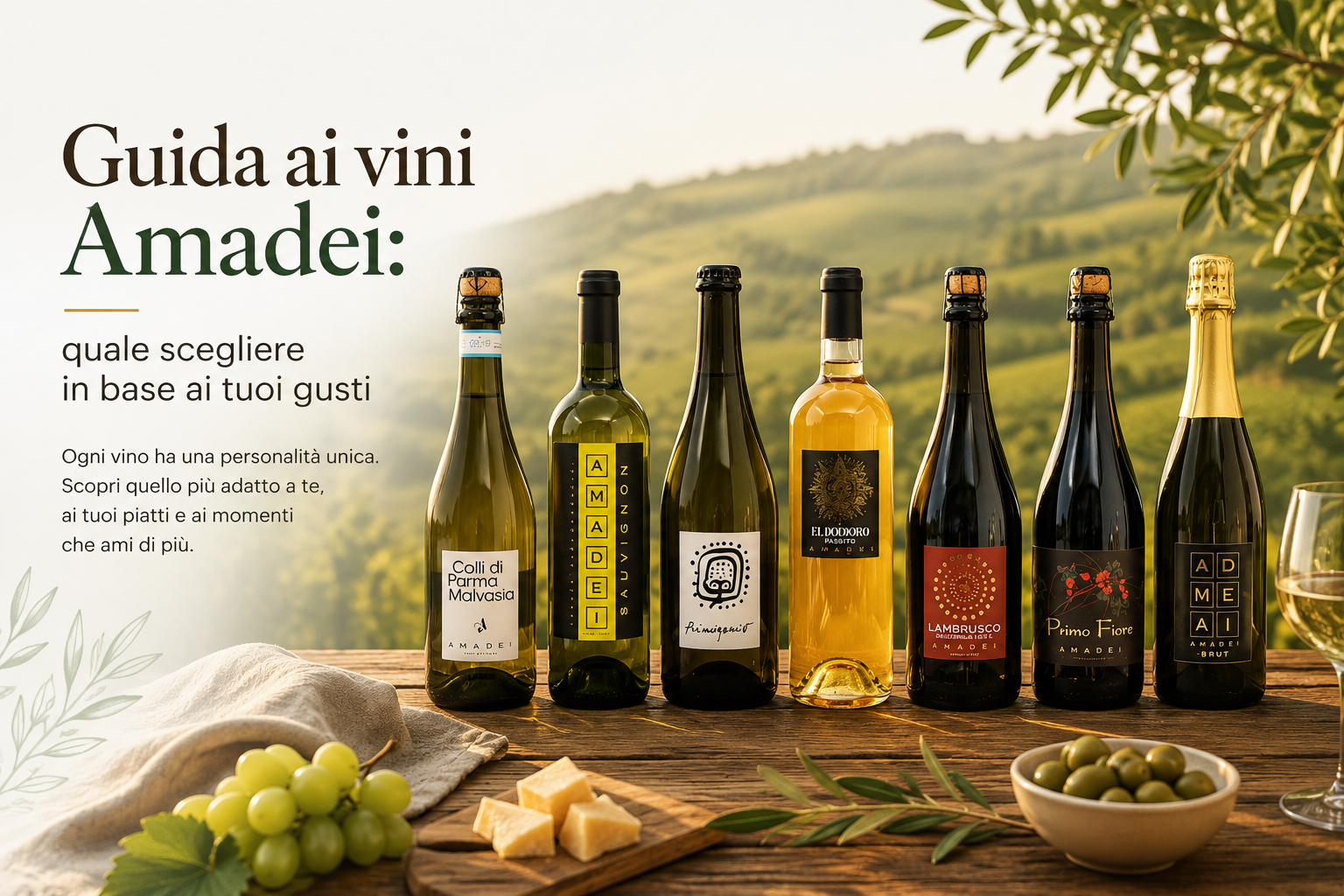 Sei bottiglie di olio d'oliva Amadei su un tavolo rustico con olive, formaggio, uva e uno sfondo di paesaggio italiano illuminato dal sole.