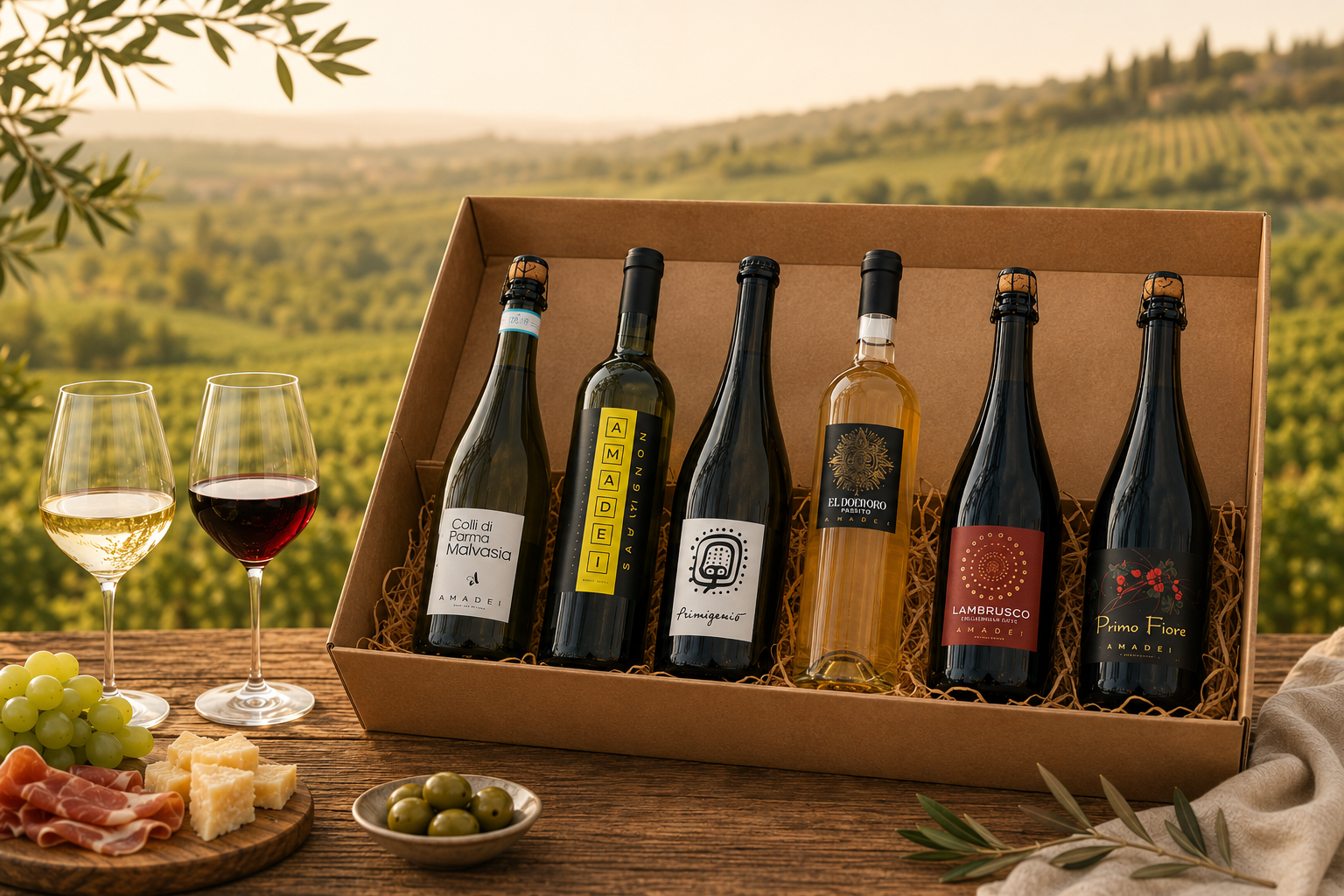 Bottiglie e bicchieri da vino su un tavolo da picnic rustico con formaggio, uva e olive al tramonto in un vigneto.