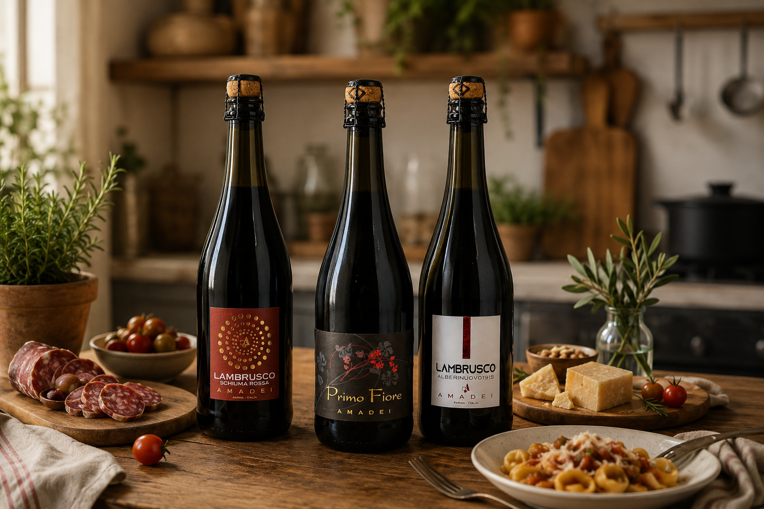 Tre bottiglie di vino su un tavolo rustico con bistecca, pasta, formaggio e uva in un'accogliente cucina.
