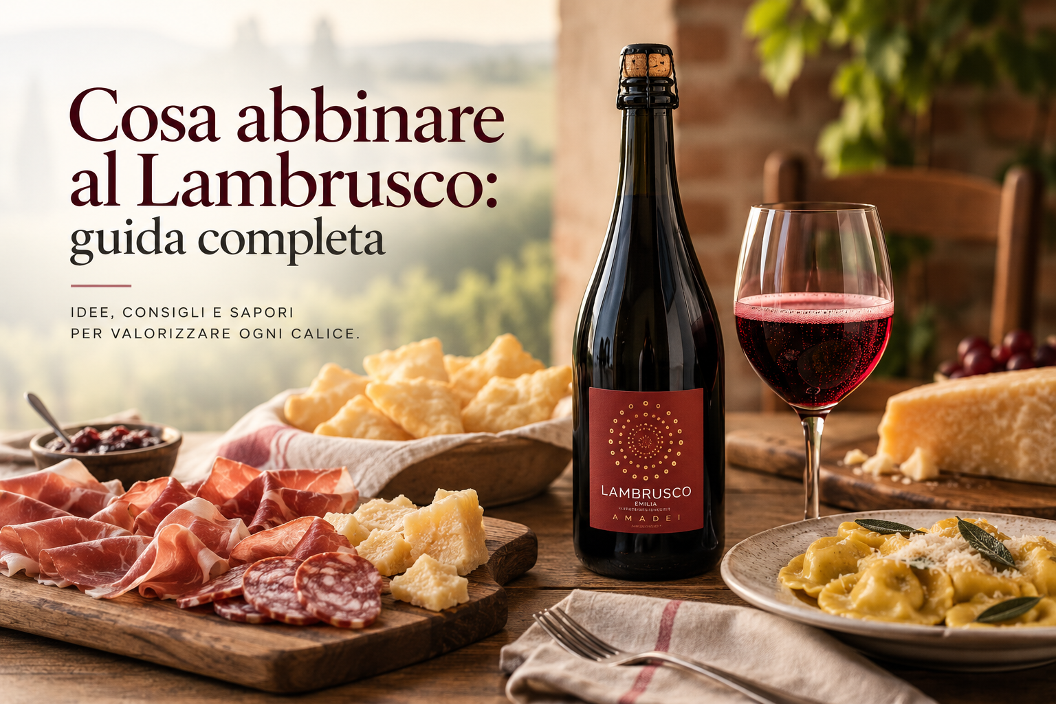 Cena a base di Lambrusco con bottiglia di vino, calice, salumi, pane e pasta disposti su un tavolo rustico.