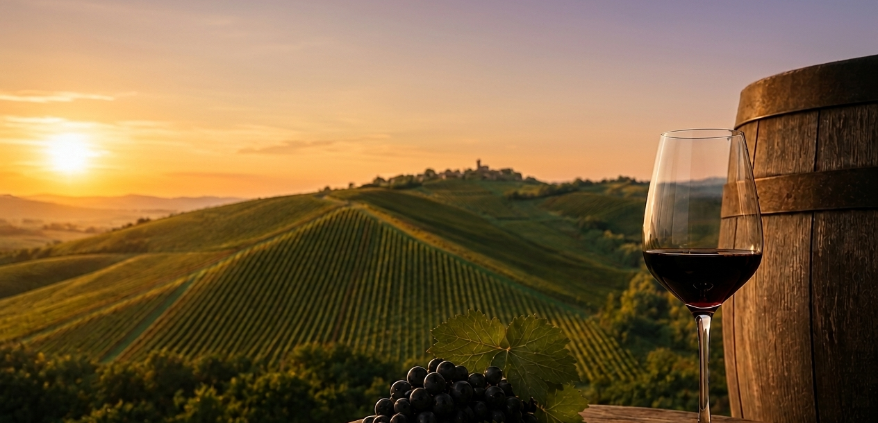 Tramonto sulle dolci colline dei vigneti, con un calice di vino e una botte in primo piano.