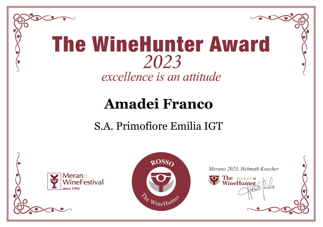 Attestato di merito per il WineHunter Award 2023, riconoscimento per l'eccellenza nell'atteggiamento, conferito ad Amadei Franco, SA Primotie Emilia IGT