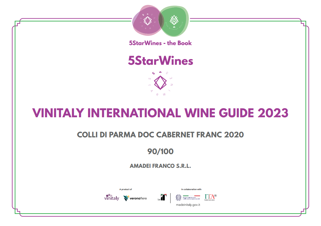 5StarWines Vinitaly International Wine Guide 2023 award certificate for Colli di Parma DOC Cabernet Franc 2020