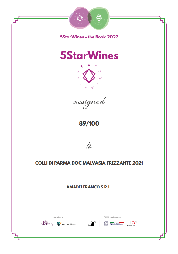 Certificato di premiazione 5StarWines “The Book 2023”, bianco con bordo colorato, che mostra un punteggio di 89/100.