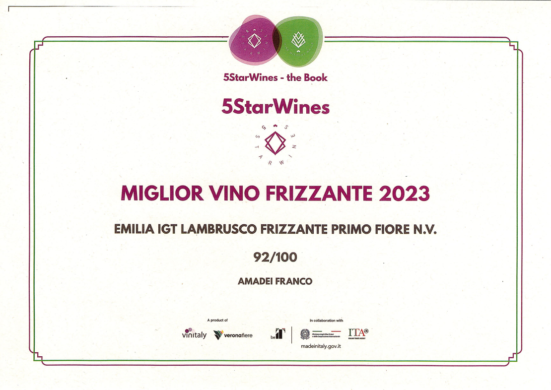 Award certificate for “Miglior Vino Frizzante 2023” from 5StarWines for Emilia IGT Lambrusco Frizzante Primo Fiore NV.