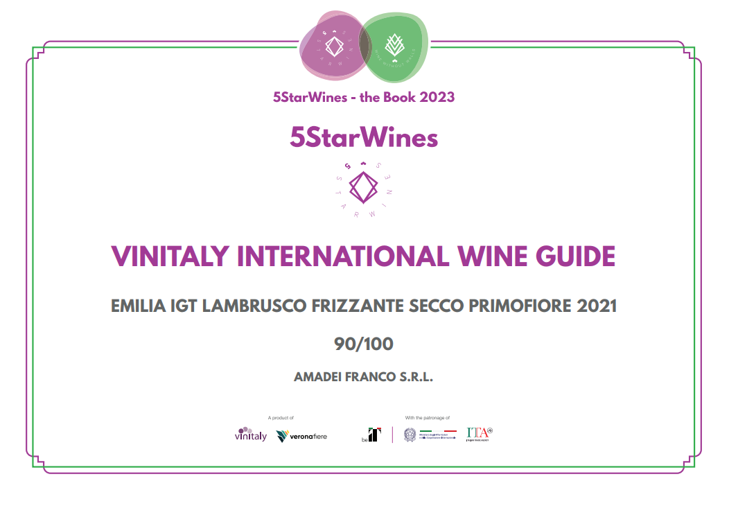 5StarWines award certificate for Vintally International Wine Guide, Emilia IGT Lambrusco Frizzante Secco Primotime 2021.