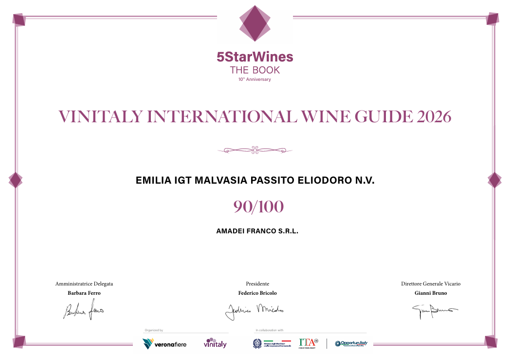 Attestato di riconoscimento per il premio 5 StarWines The Book “Vinitaly International Wine Guide 2026”, con bordo viola.
