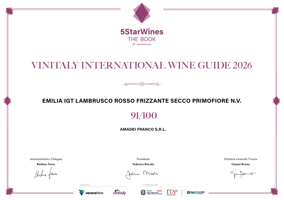Certificate for 5StarWines The Book, Vintaly International Wine Guide 2026, rating Emilia IGT Lambrusco Rosso Frizzante Secco Primopino F.V. 91/100