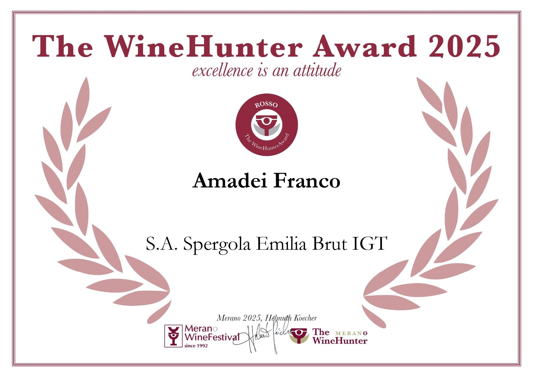 Certificato WineHunter Award 2025 per Amadei Franco, con corone d'alloro rosa su sfondo bianco.